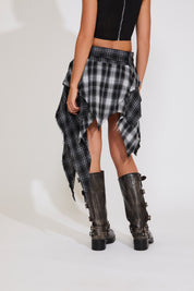 PLAID FLANNEL TIERED ASYMMETRIC HEM BELTED SKIRT