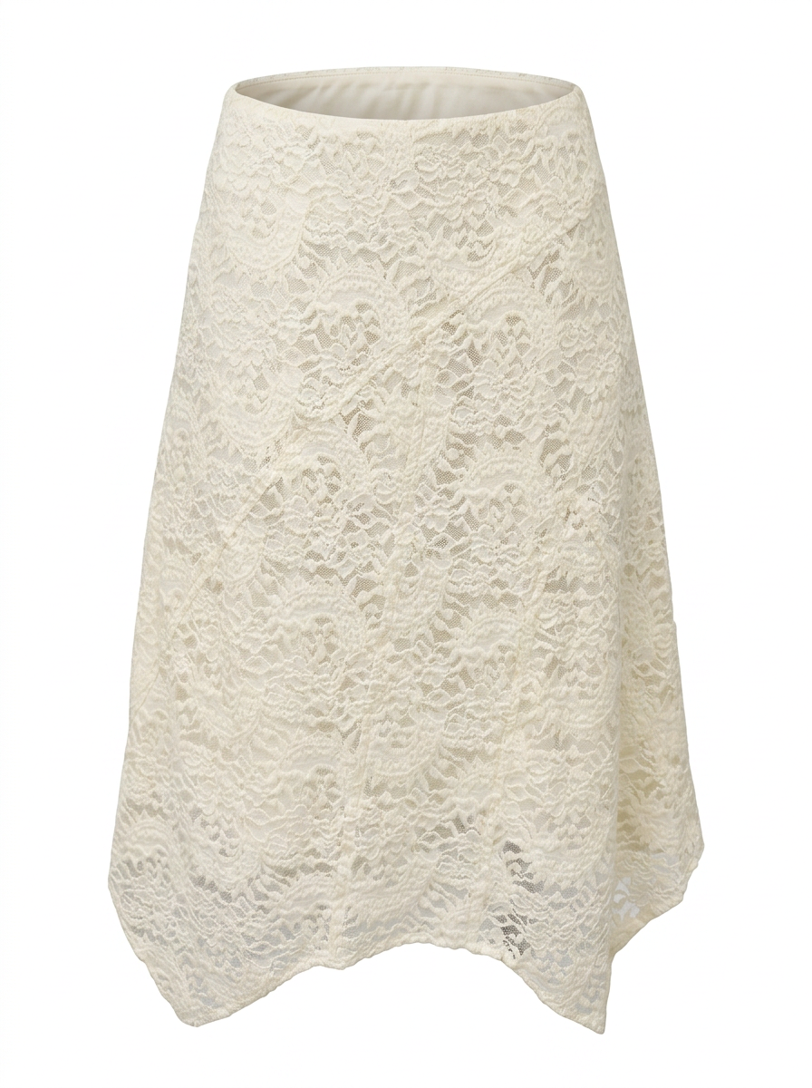 Ghost mannequin product image of a ivory SHARKBITE HEM TEXTURED LACE OVERLAY MIDI SKIRT on a white background.