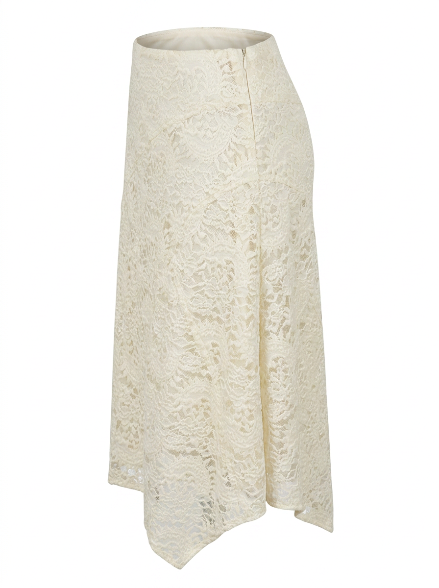 Ghost mannequin product image of a ivory SHARKBITE HEM TEXTURED LACE OVERLAY MIDI SKIRT on a white background.