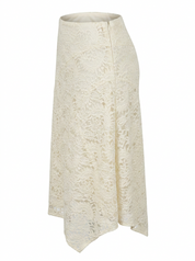 Ghost mannequin product image of a ivory SHARKBITE HEM TEXTURED LACE OVERLAY MIDI SKIRT on a white background.