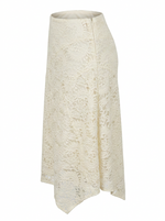 Ghost mannequin product image of a ivory SHARKBITE HEM TEXTURED LACE OVERLAY MIDI SKIRT on a white background.