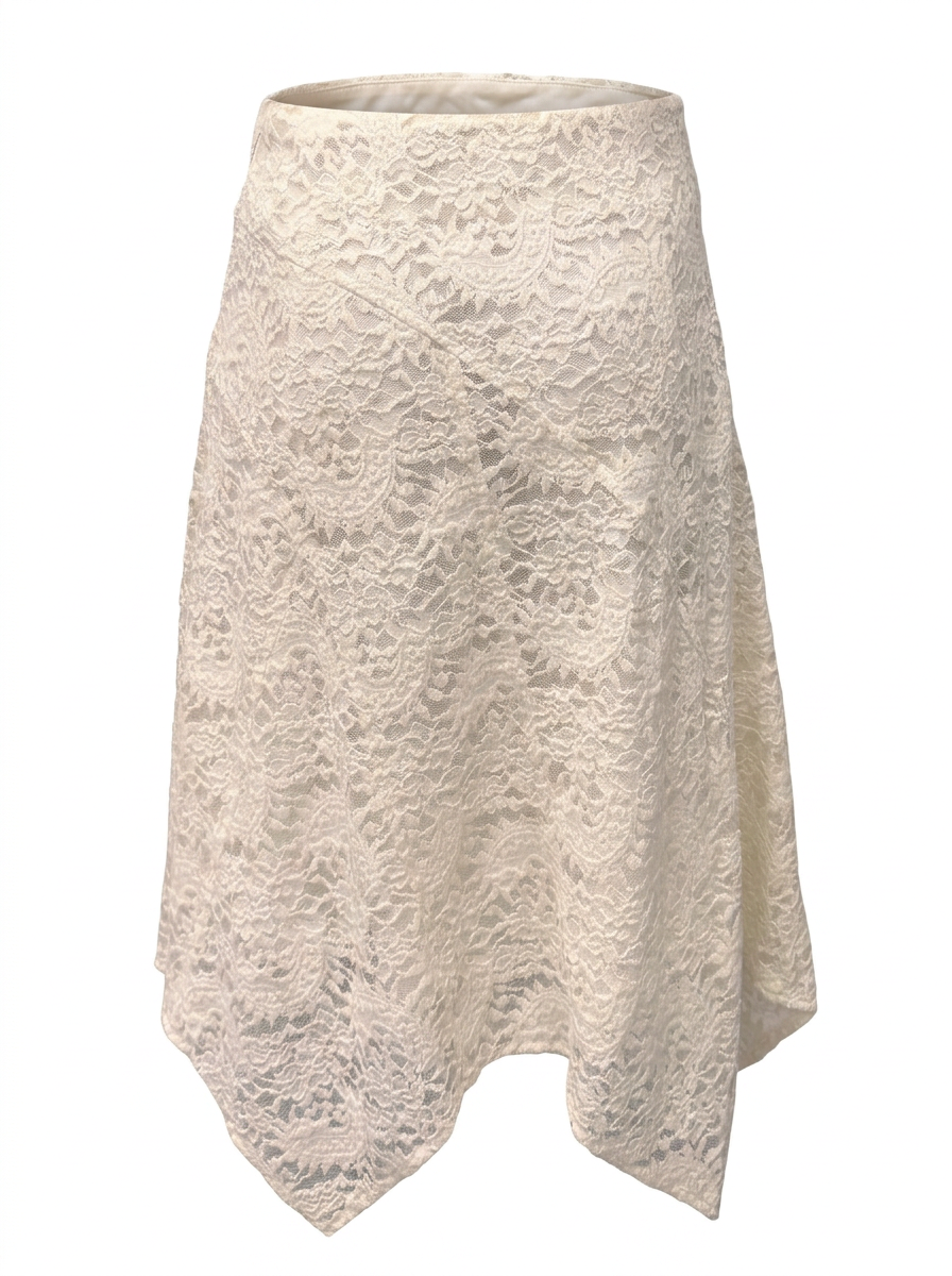 Ghost mannequin product image of a ivory SHARKBITE HEM TEXTURED LACE OVERLAY MIDI SKIRT on a white background.