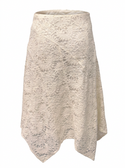 Ghost mannequin product image of a ivory SHARKBITE HEM TEXTURED LACE OVERLAY MIDI SKIRT on a white background.