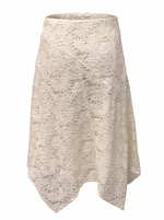 Ghost mannequin product image of a ivory SHARKBITE HEM TEXTURED LACE OVERLAY MIDI SKIRT on a white background.