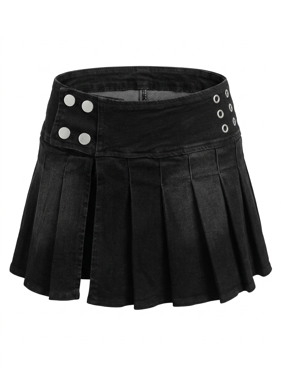 Ghost mannequin product image of a black EYELET BUTTON PLEATED DENIM MINI SKIRT on a white background. 