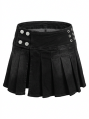Ghost mannequin product image of a black EYELET BUTTON PLEATED DENIM MINI SKIRT on a white background. 