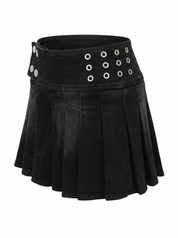 Ghost mannequin product image of a black EYELET BUTTON PLEATED DENIM MINI SKIRT on a white background. 