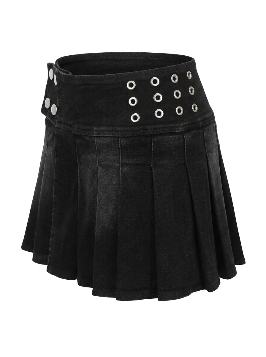 Ghost mannequin product image of a black EYELET BUTTON PLEATED DENIM MINI SKIRT on a white background. 