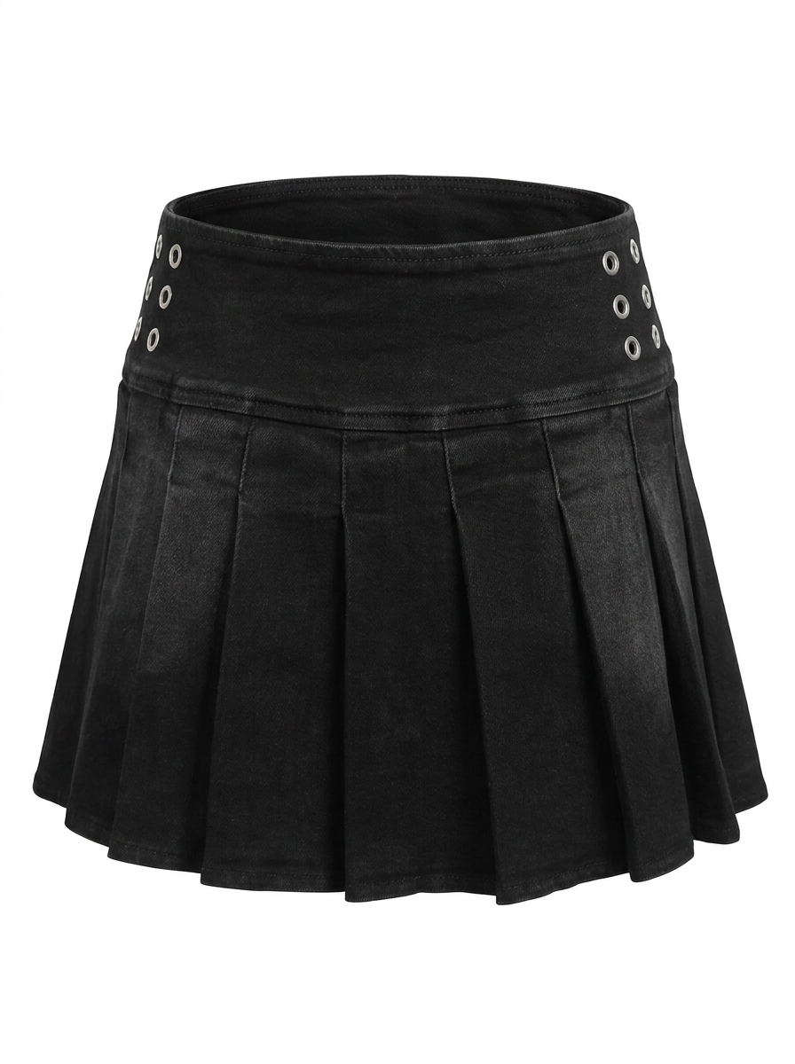 Ghost mannequin product image of a black EYELET BUTTON PLEATED DENIM MINI SKIRT on a white background. 