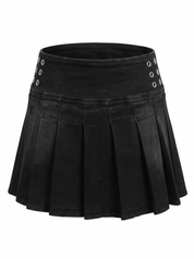 Ghost mannequin product image of a black EYELET BUTTON PLEATED DENIM MINI SKIRT on a white background. 