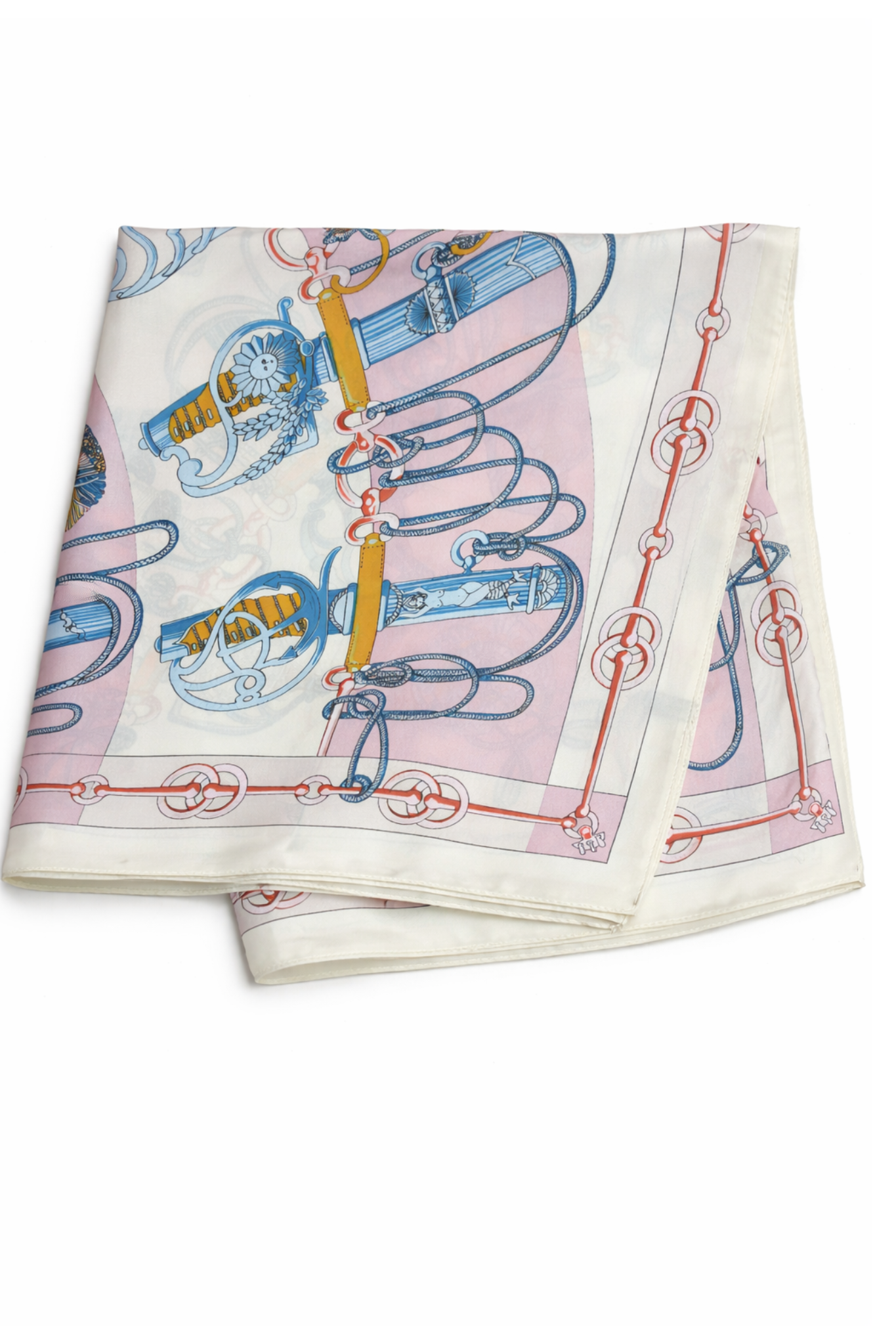 Folded fabric with a colorful design on a white background