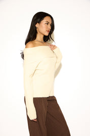 FOLDOVER OFF SHOULDER RIBBED KNIT LONG SLEEVE SWEATER
