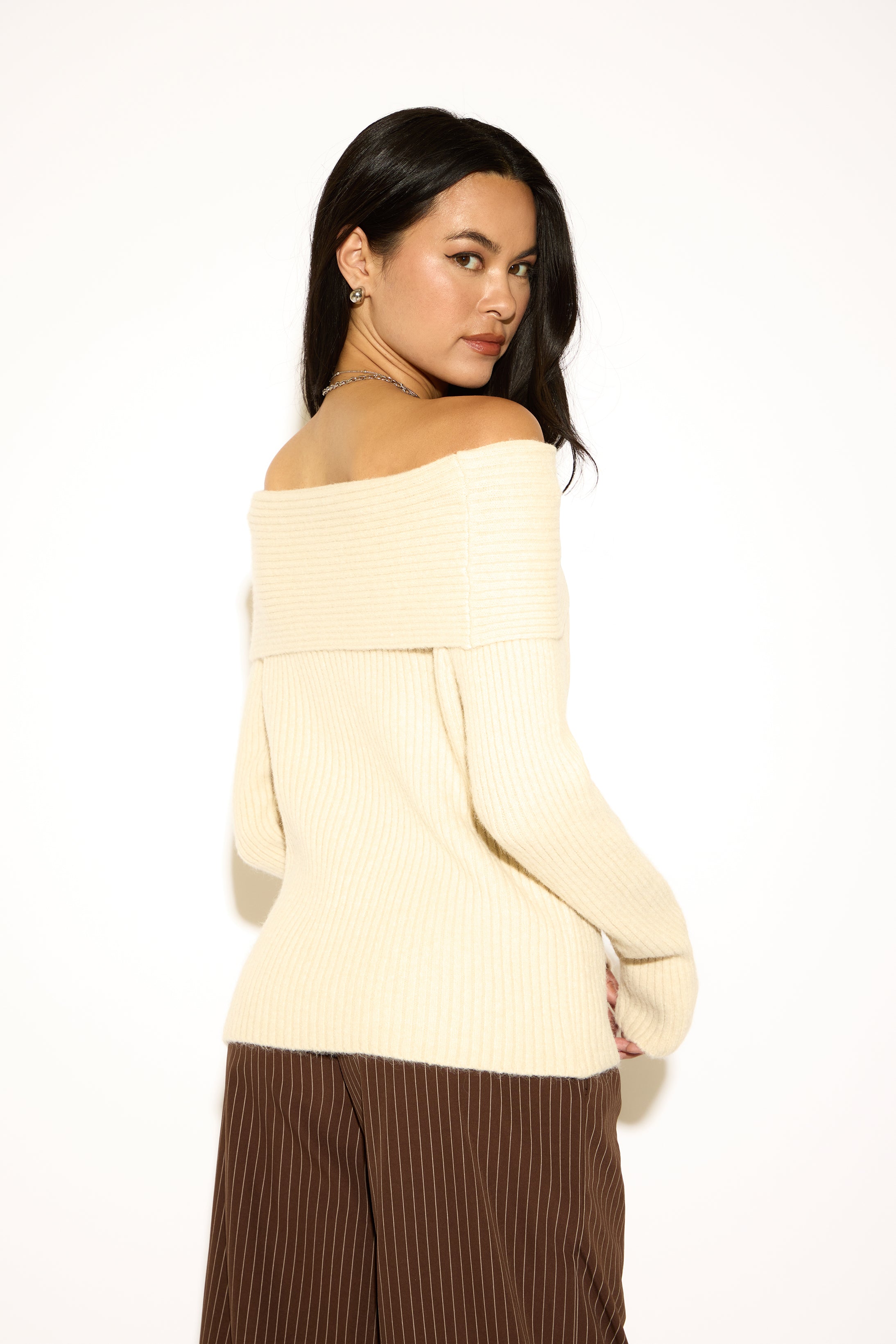 FOLDOVER OFF SHOULDER RIBBED KNIT LONG SLEEVE SWEATER