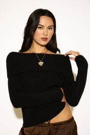 FOLDOVER OFF SHOULDER RIBBED KNIT LONG SLEEVE SWEATER