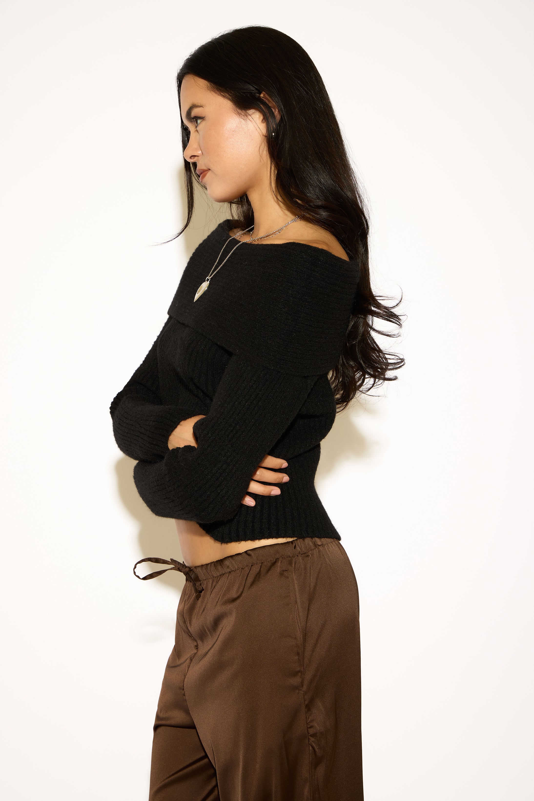 FOLDOVER OFF SHOULDER RIBBED KNIT LONG SLEEVE SWEATER