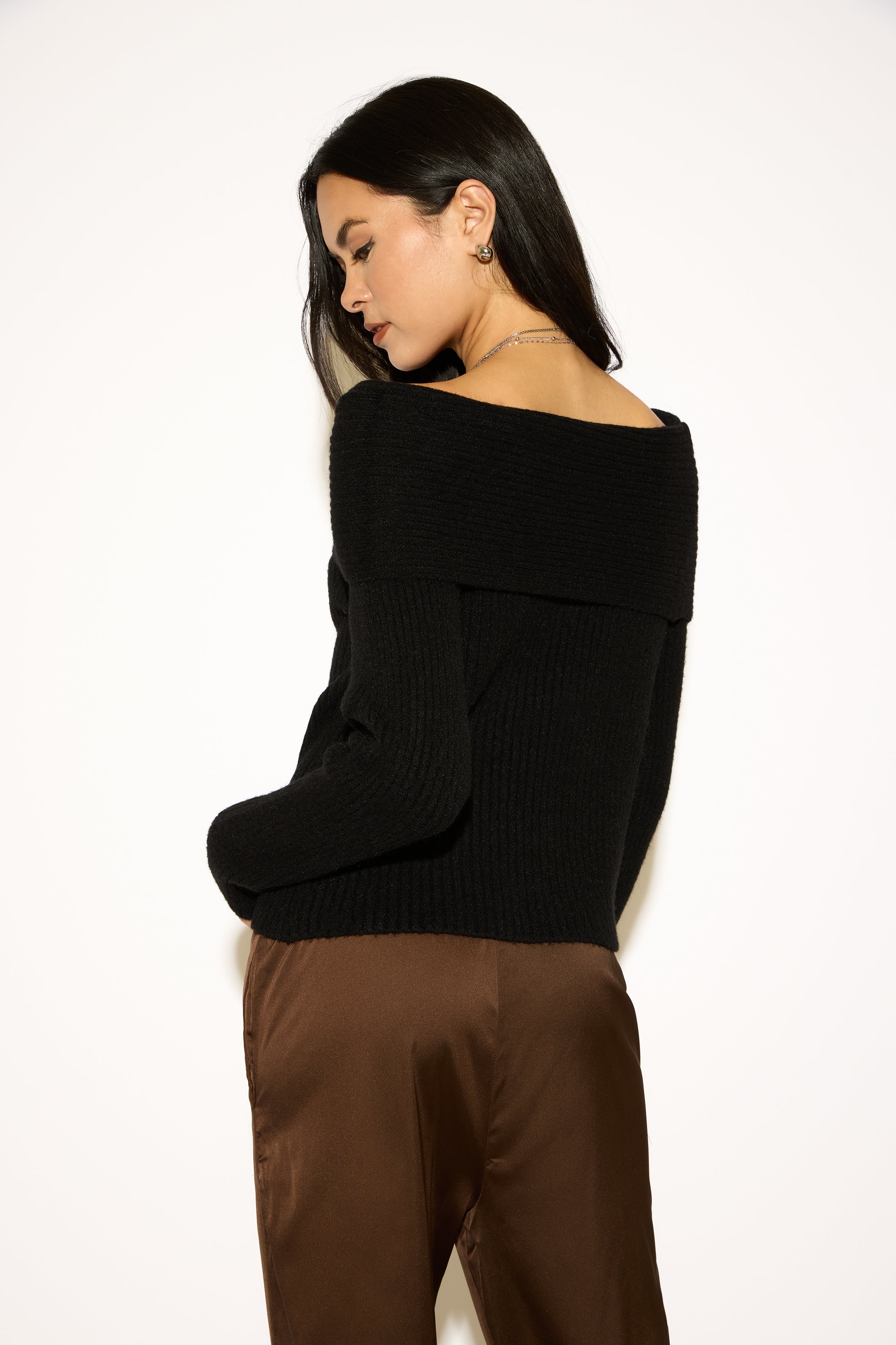 FOLDOVER OFF SHOULDER RIBBED KNIT LONG SLEEVE SWEATER