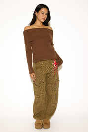 FOLDOVER OFF SHOULDER RIBBED KNIT LONG SLEEVE SWEATER
