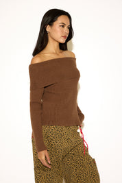 FOLDOVER OFF SHOULDER RIBBED KNIT LONG SLEEVE SWEATER