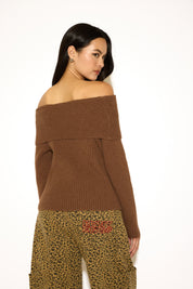 FOLDOVER OFF SHOULDER RIBBED KNIT LONG SLEEVE SWEATER