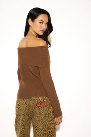 FOLDOVER OFF SHOULDER RIBBED KNIT LONG SLEEVE SWEATER