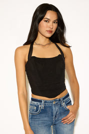 HALTER NECK RUCHED CORSET TOP WITH BONING