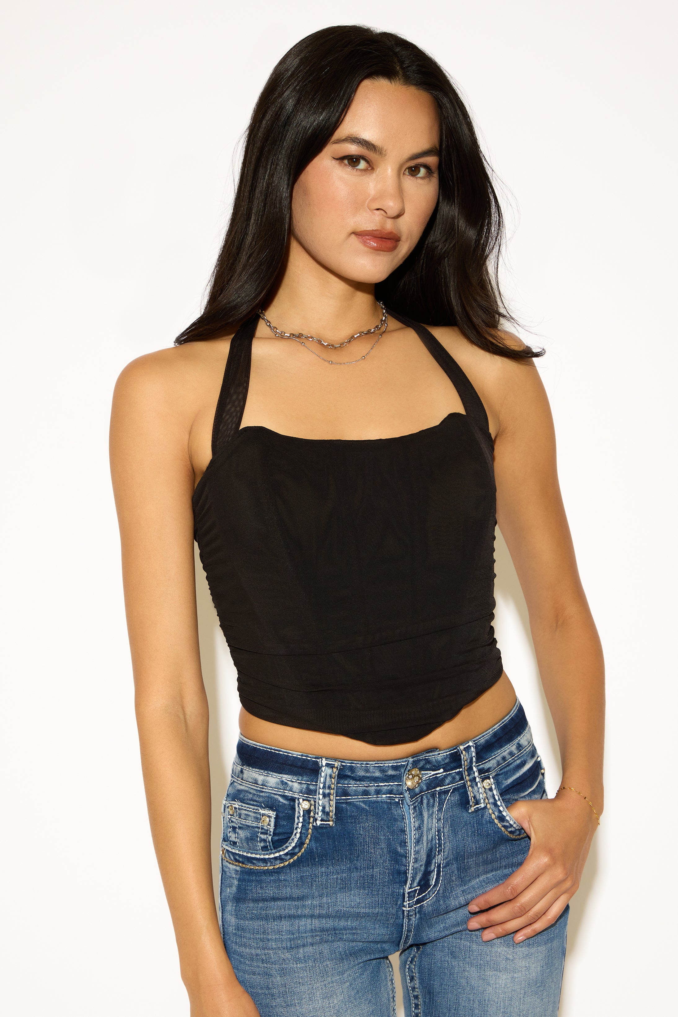 HALTER NECK RUCHED CORSET TOP WITH BONING