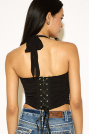HALTER NECK RUCHED CORSET TOP WITH BONING