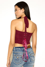HALTER NECK RUCHED CORSET TOP WITH BONING
