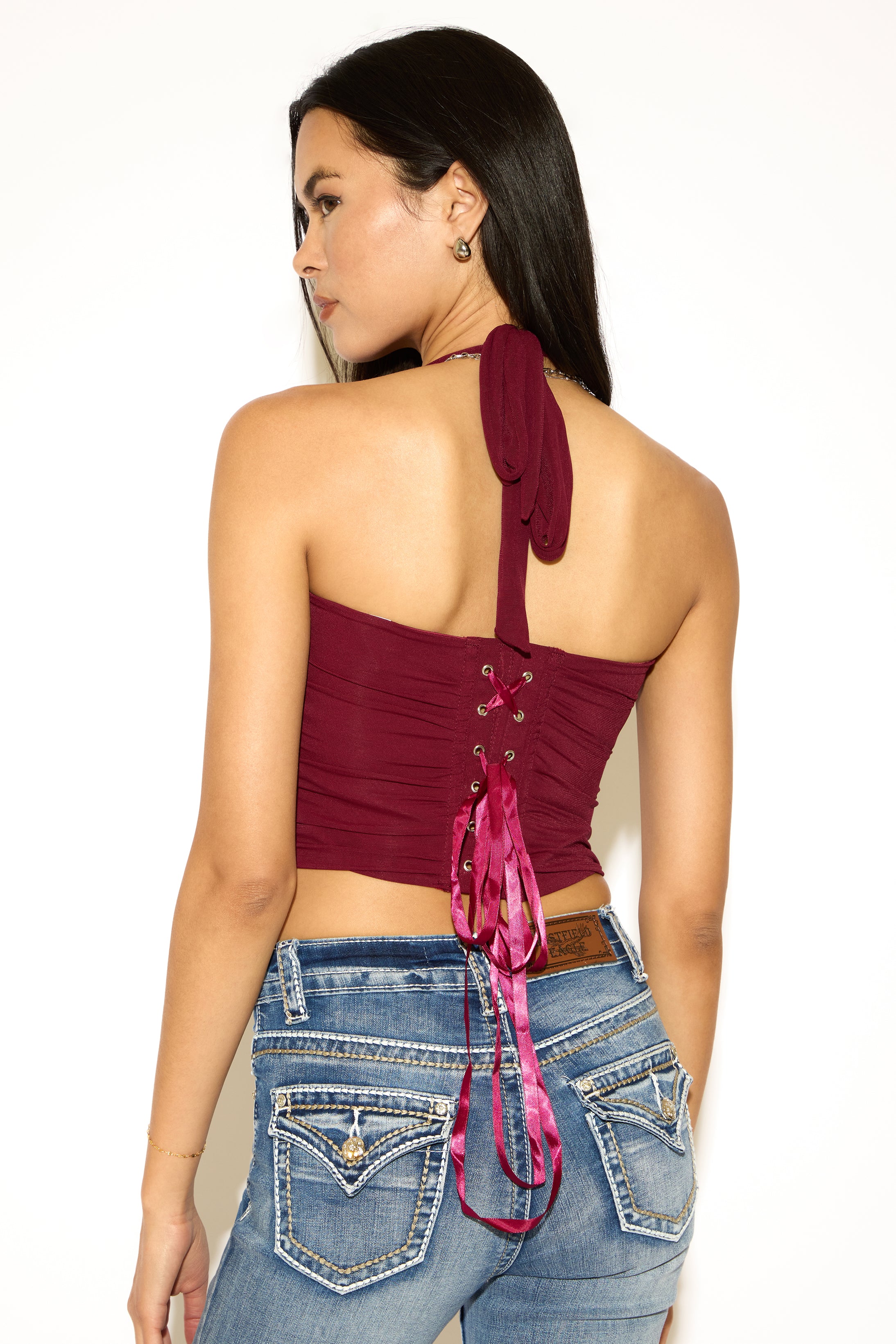 HALTER NECK RUCHED CORSET TOP WITH BONING
