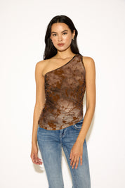 ONE SHOULDER FLORAL PRINT RUCHED ASYMMETRIC HEM TOP