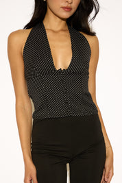 TIE NECK POLKA DOT PRINT BUTTON FRONT VEST TOP