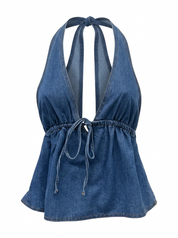 Ghost mannequin product image of a DENIM HALTER V NECK TOP WITH BUST TIE on  a white background. 