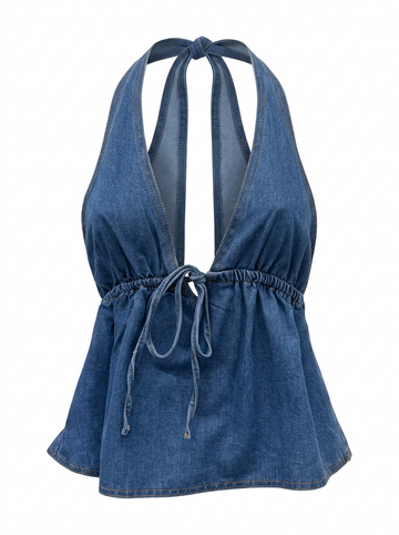 Ghost mannequin product image of a DENIM HALTER V NECK TOP WITH BUST TIE on  a white background. 