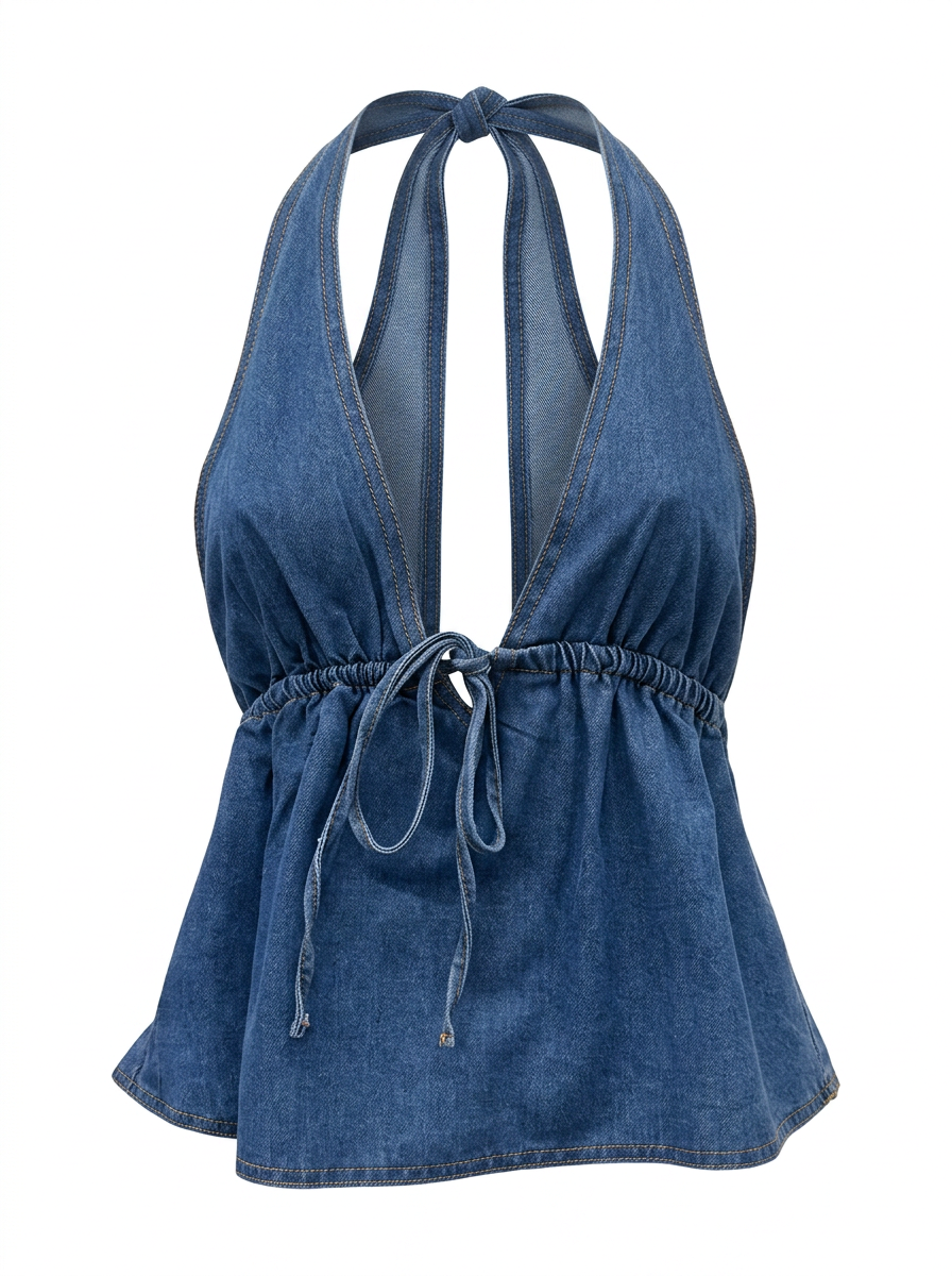 Ghost mannequin product image of a DENIM HALTER V NECK TOP WITH BUST TIE on  a white background. 