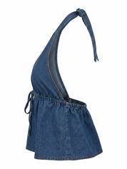 Ghost mannequin product image of a DENIM HALTER V NECK TOP WITH BUST TIE on  a white background. 