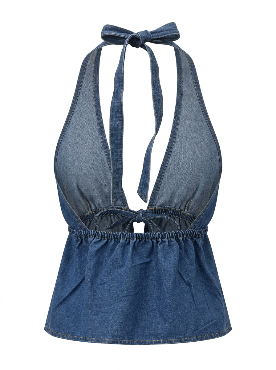 Ghost mannequin product image of a DENIM HALTER V NECK TOP WITH BUST TIE on  a white background. 
