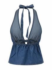 Ghost mannequin product image of a DENIM HALTER V NECK TOP WITH BUST TIE on  a white background. 