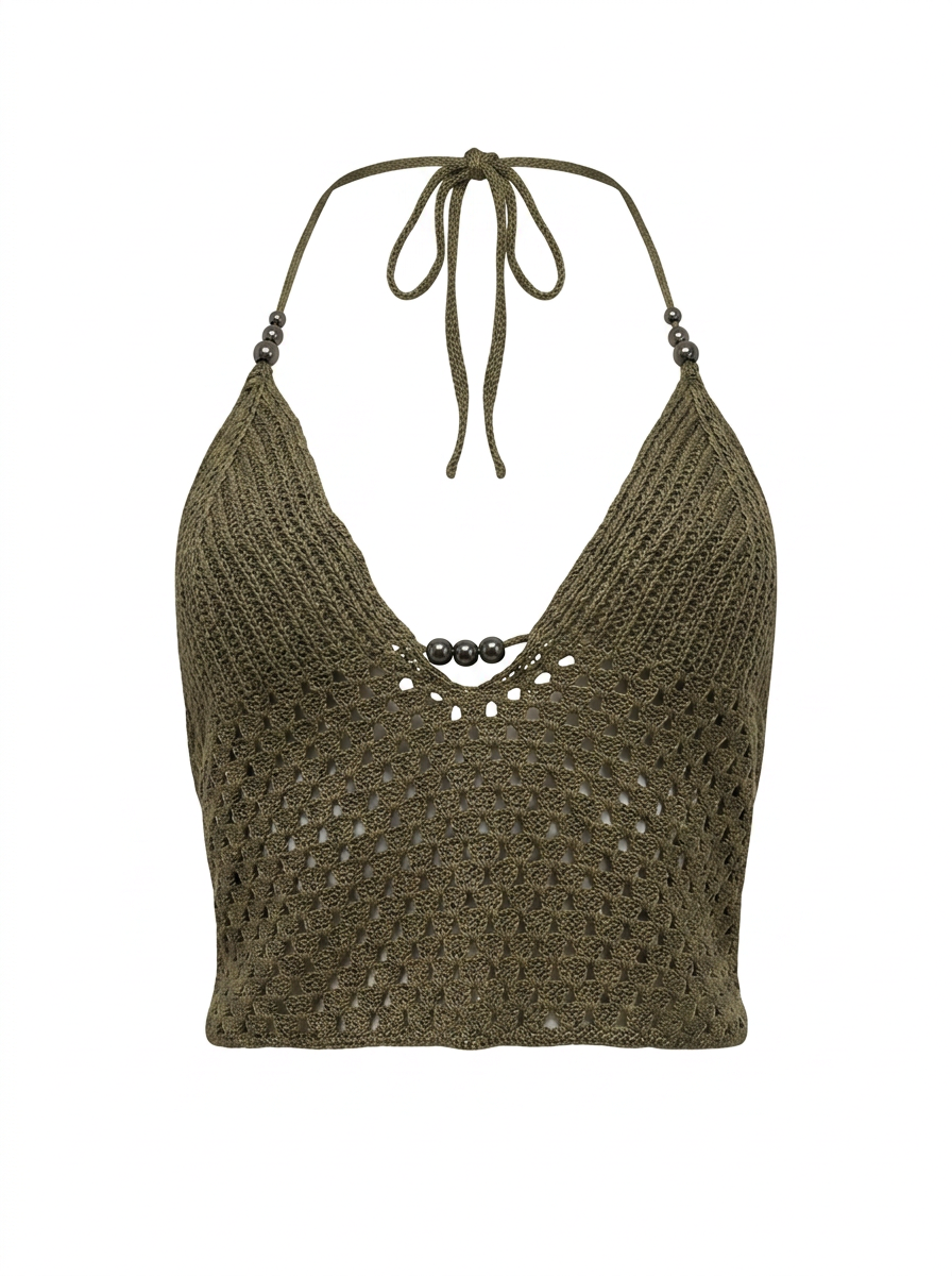 Ghost mannequin product image of a brown CROCHET TIE NECK OPEN MESH CROP TOP WITH BEADS on a white background.