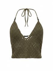 Ghost mannequin product image of a brown CROCHET TIE NECK OPEN MESH CROP TOP WITH BEADS on a white background.