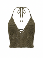 Ghost mannequin product image of a brown CROCHET TIE NECK OPEN MESH CROP TOP WITH BEADS on a white background.