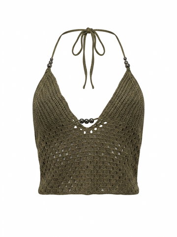 Ghost mannequin product image of a brown CROCHET TIE NECK OPEN MESH CROP TOP WITH BEADS on a white background.