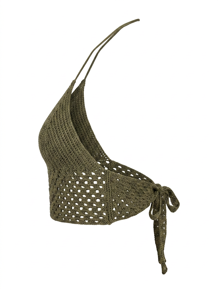 Ghost mannequin product image of a brown CROCHET TIE NECK OPEN MESH CROP TOP WITH BEADS on a white background.