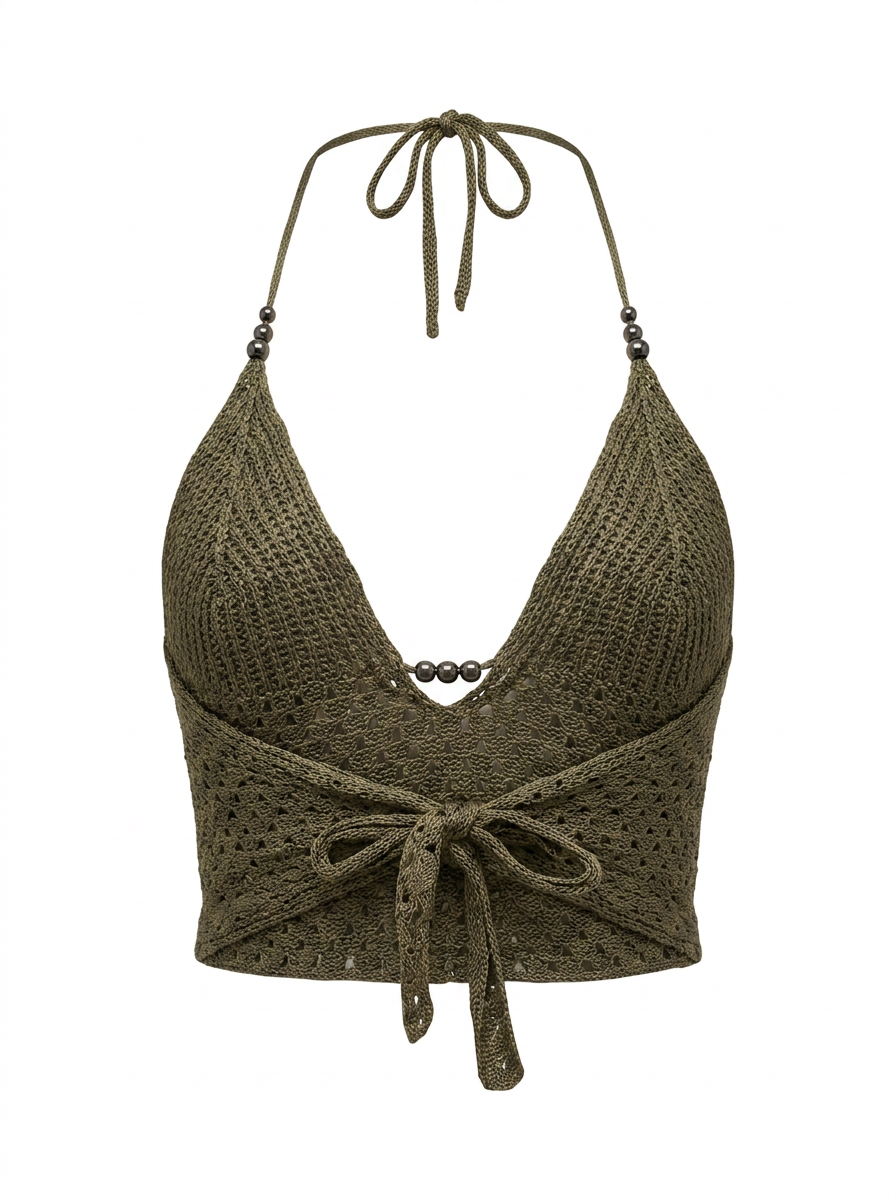 Ghost mannequin product image of a brown CROCHET TIE NECK OPEN MESH CROP TOP WITH BEADS on a white background.