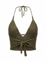 Ghost mannequin product image of a brown CROCHET TIE NECK OPEN MESH CROP TOP WITH BEADS on a white background.