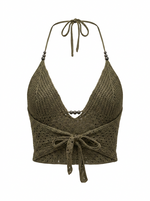 Ghost mannequin product image of a brown CROCHET TIE NECK OPEN MESH CROP TOP WITH BEADS on a white background.