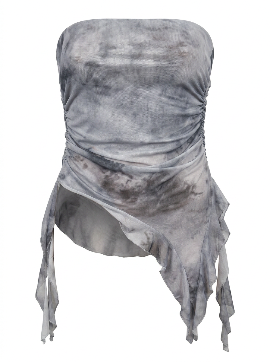 Ghost mannequin product image of a grey STRAPLESS RUCHED BODICE TOP WITH ASYMMETRIC RUFFLE HEM on a white background.