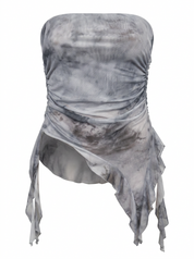 Ghost mannequin product image of a grey STRAPLESS RUCHED BODICE TOP WITH ASYMMETRIC RUFFLE HEM on a white background.