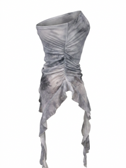 Ghost mannequin product image of a grey STRAPLESS RUCHED BODICE TOP WITH ASYMMETRIC RUFFLE HEM on a white background.