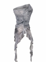 Ghost mannequin product image of a grey STRAPLESS RUCHED BODICE TOP WITH ASYMMETRIC RUFFLE HEM on a white background.