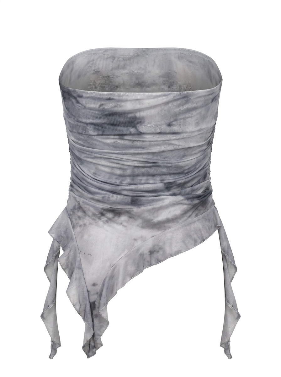 Ghost mannequin product image of a grey STRAPLESS RUCHED BODICE TOP WITH ASYMMETRIC RUFFLE HEM on a white background.